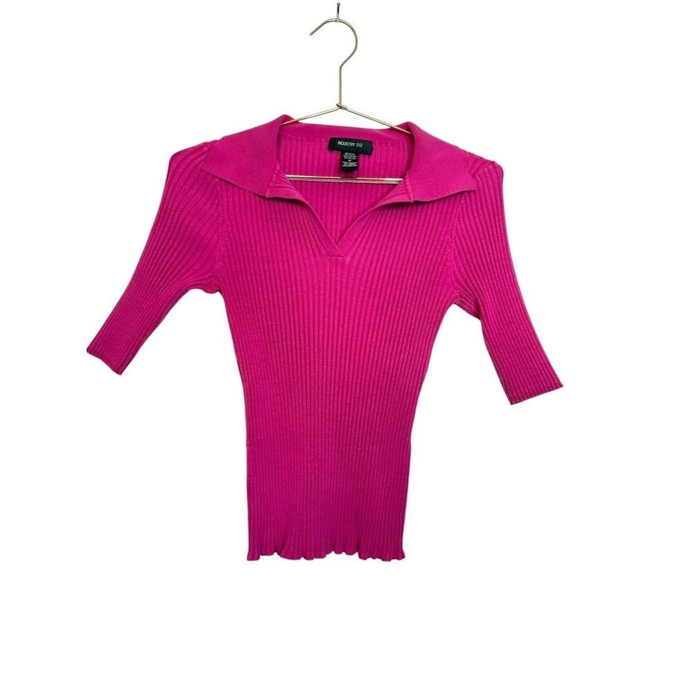 Industry 212 Pink Silk Blend Ribbed Polo Collar V-Neck Knit Top Women M Y2K‎